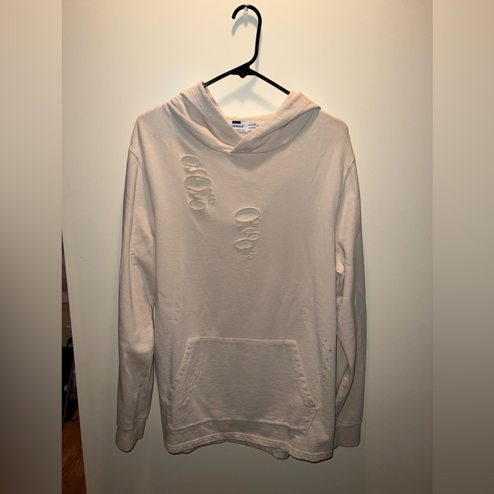 TOPMAN Oversized Distressed Hoodie, Size S, Sand/Beige/Tan Color